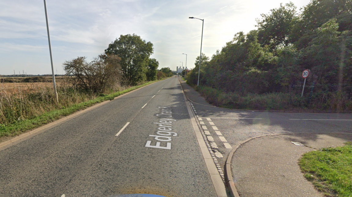 Street view of a  grey road with trees on either side - and lamp posts on the side 