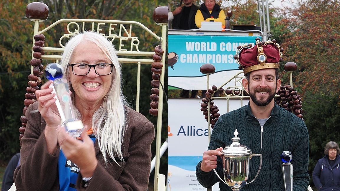 Queen and King Conker with trophies.