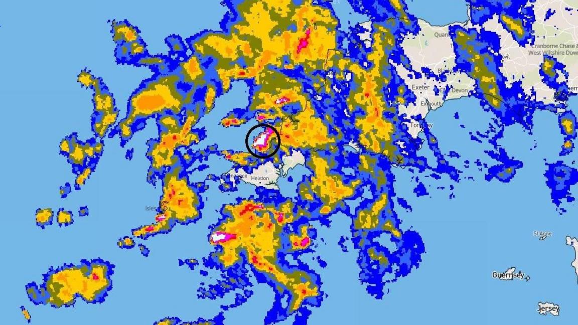 A map of the South West showing rainfall during the incident. In the affected area it is coloured pink and white, indicating very heavy rainfall.