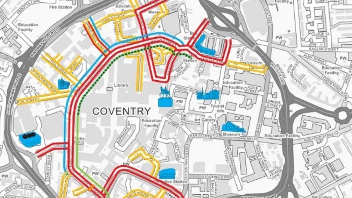 A map showing part of the planned red route in Coventry city centre within the ring road