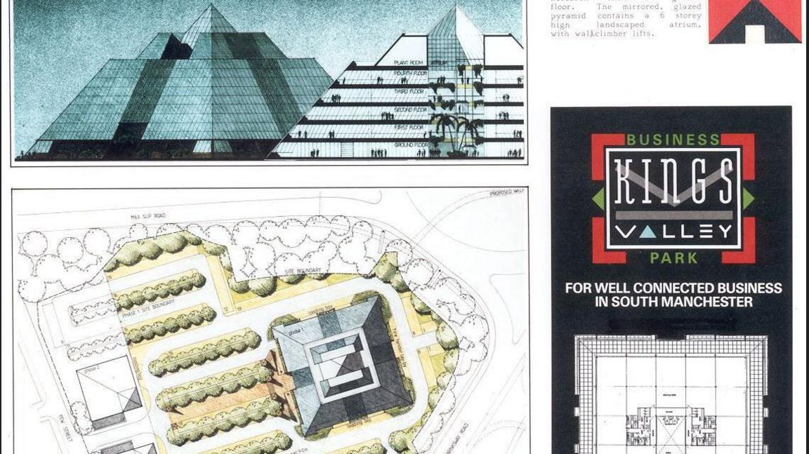 Architectural drawings showing an overhead view of the Stockport pyramid, as well as a sectional sketch showing the interior of the building, alongside a promotional message for 'Kings Valley Business Park'.