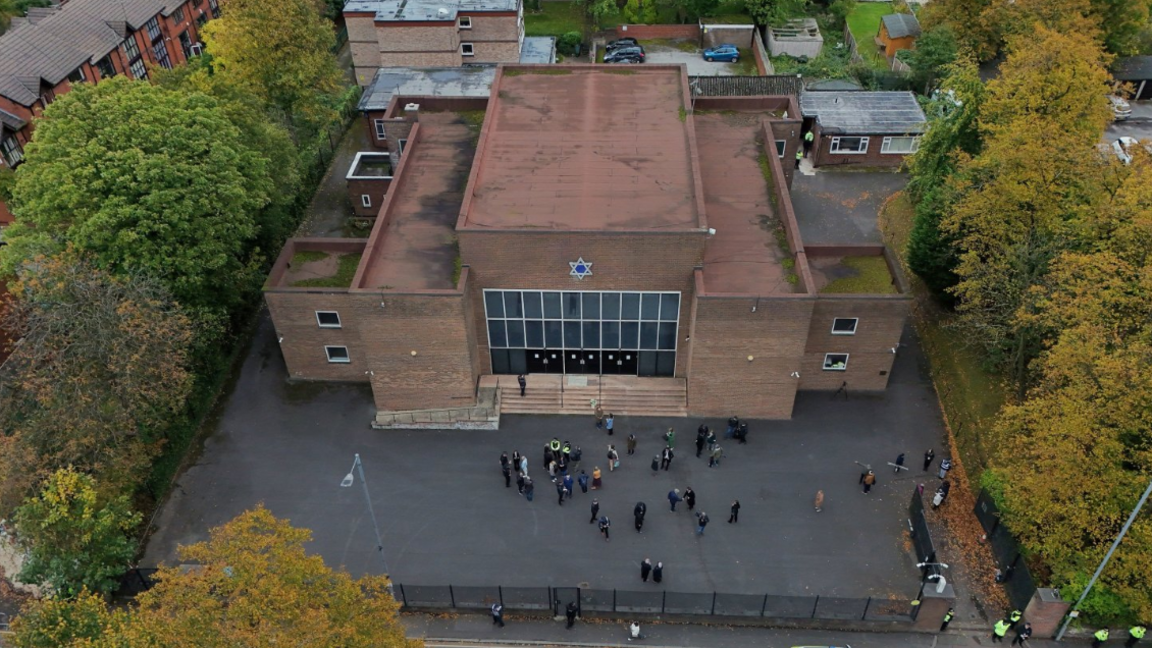 An aerial view of the synagogue taken shortly after the attack