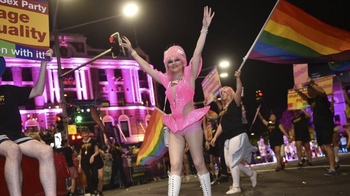 Participants take part in the annual Sydney Gay and Lesbian Mardi Gras Parade in Sydney