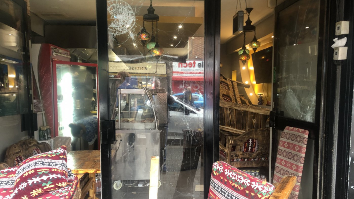 Smashed window at cafe in Botanic Avenue in Belfast