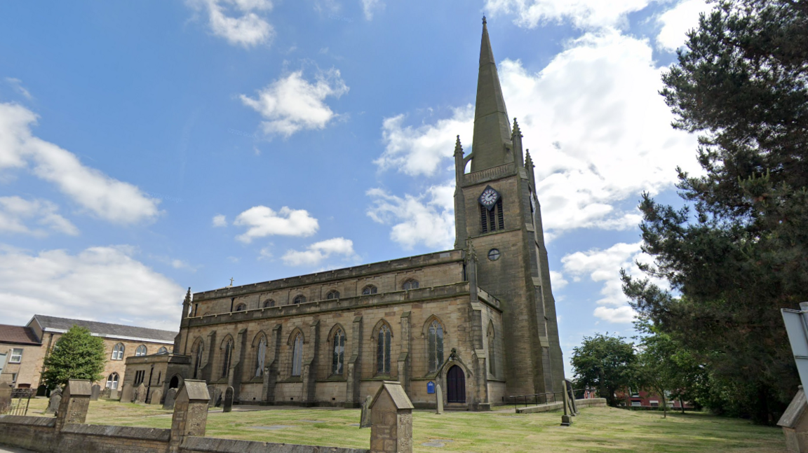 A street view image of Grade II listed St George's church in Tyldesley.