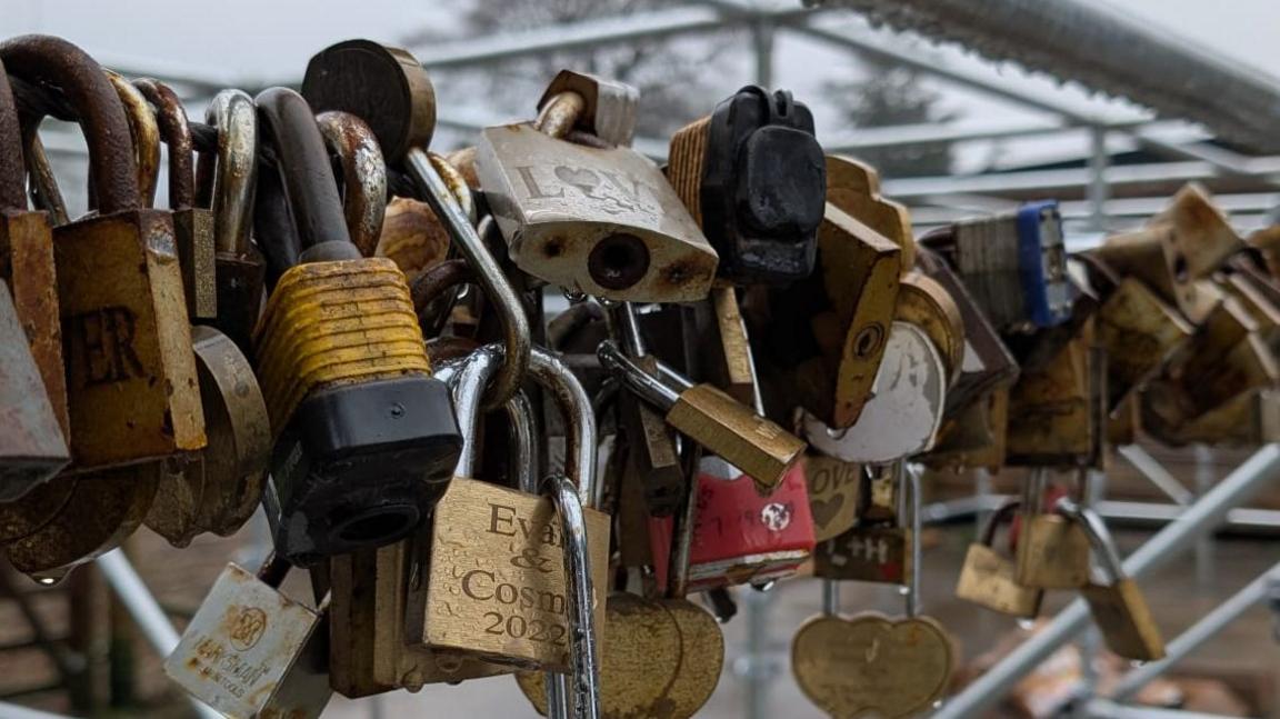 Love locks on the new structure at Thornbridge Hall