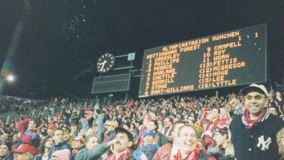 Football stands in Munich showing Forest fans in 1996. 