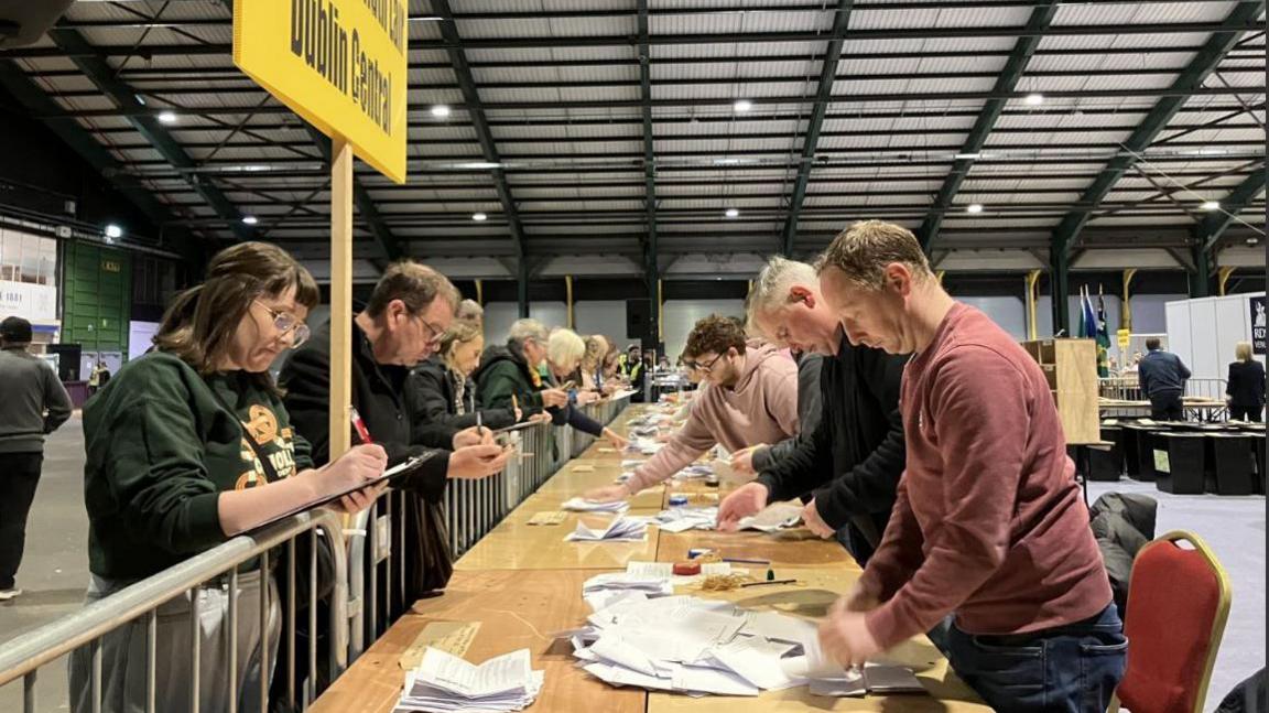 White ballot papers being counted on a wooden table. There is a yellow sign to the left. Various people are nearby including a man in a purple top with fair hair to the right and a woman with dark hair and glasses and a green top, to the left.