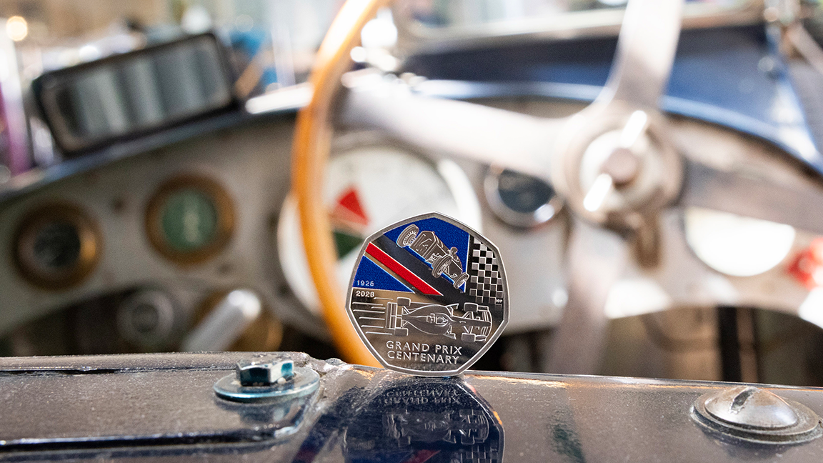 A Grand Prix collectible 50p coin unveiled by The Royal Mint to mark 100 years of the race in Britain, at Brooklands in Weybridge, Surrey.