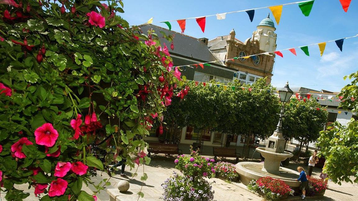 Commercial Square on a sunny blue-skied day. There is a stone fountain in the centre which a girl is standing near and there are benches set back from it. Behind the benches are trees which are clearly overgrown. In the foreground is a hanging basket full of pink petunias. In the background is a grand tall building topped with a domed clocktower.