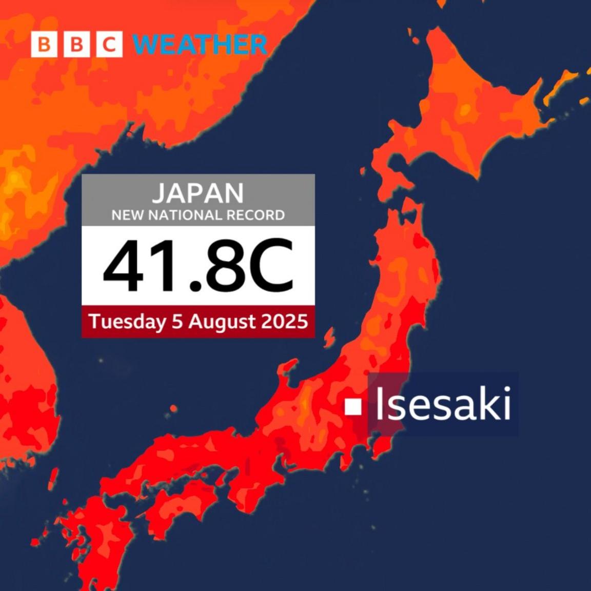 An illustration of a map showing Japan with the city of Isesaki marked out. In a box overlaying the map are the words "Japan new national record 41.8C Tuesday 5 August 2025".