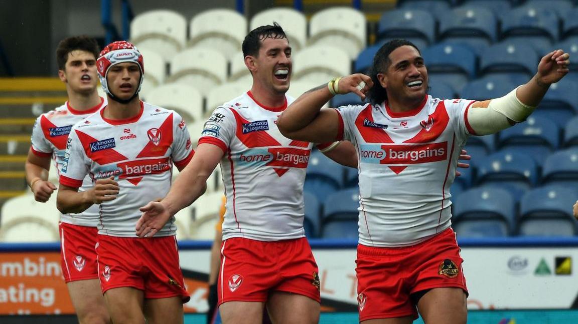 Sione Mata'utia celebrates the second of St Helens' three tries at the John Smiths Stadium