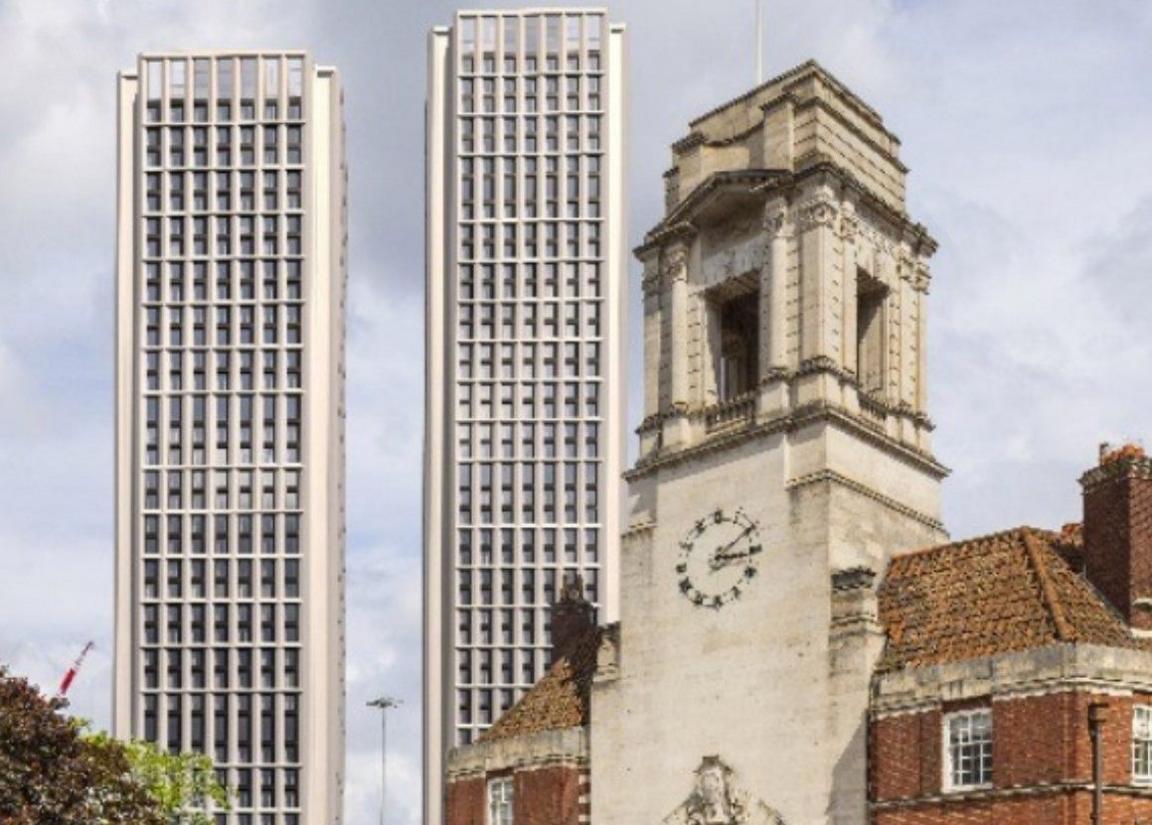 The visualisation shows what the two towers could look like, near a building with a clock