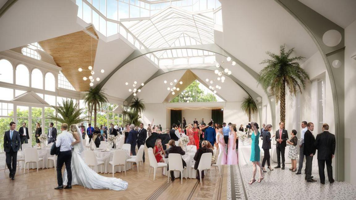 A CGI image of what one of the main halls could look like inside County Hall in Matlock. It shows a white and wood panelled room with wedding guests.