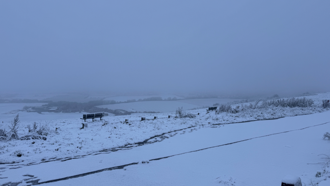 Dunstable Downs showing a snow scene and a distant bench