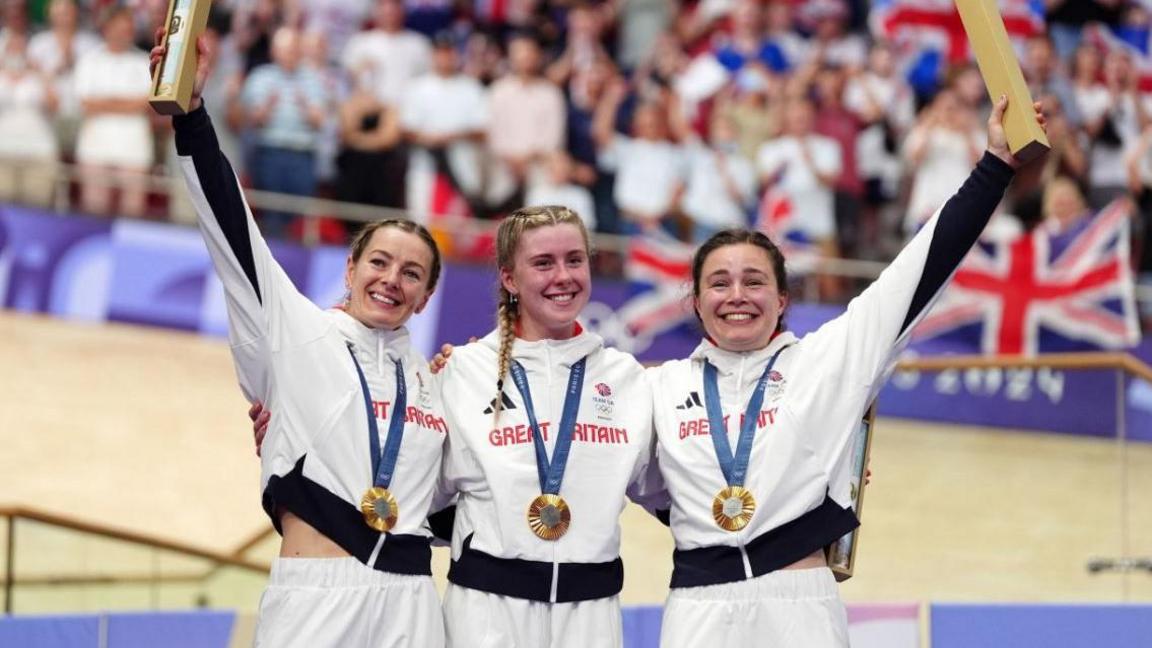 Team GB cyclists Katy Marchant (left), Emma Finucane (middle) and Sophie Capewell (right)