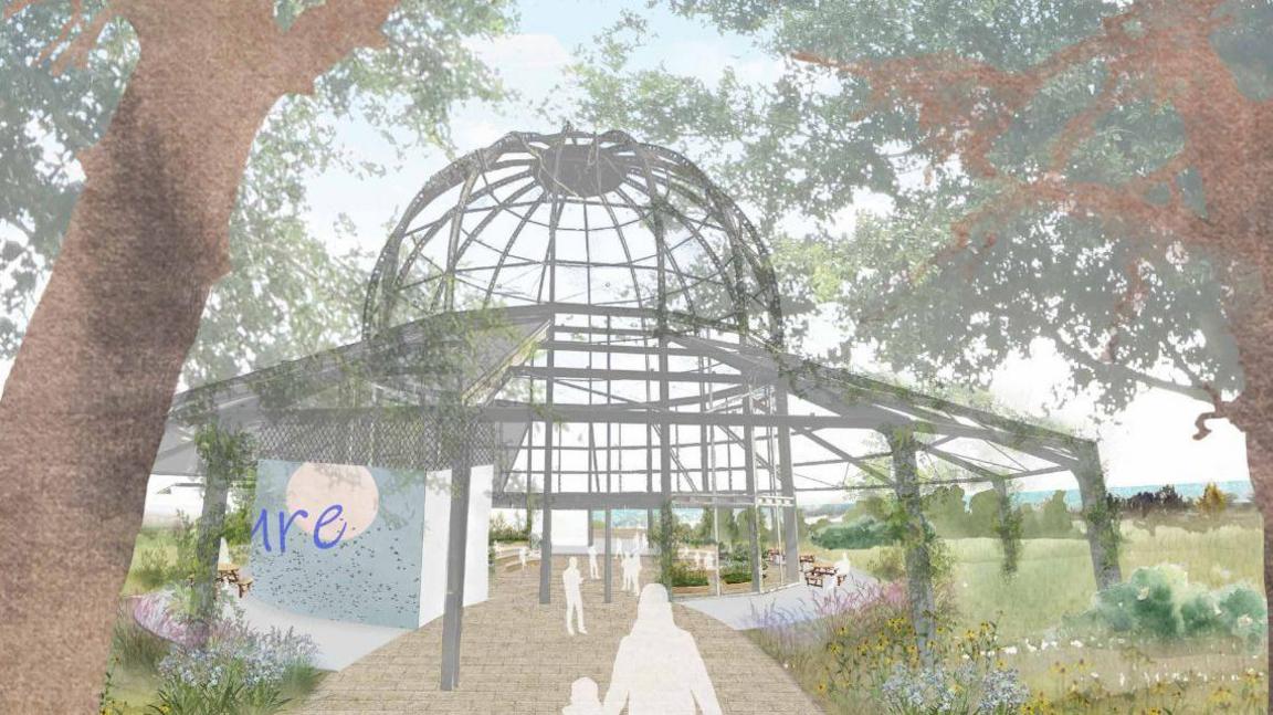 An artist illustration of the redeveloped aviary: a large metal structure, situated in a park surrounded by trees. The drawing features silhouettes of people walking into the park via a landscaped path.