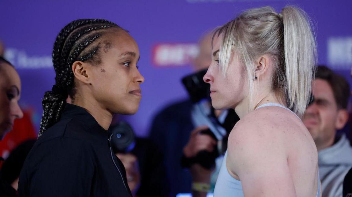 Natasha Jonas and Lauren Price look   disconnected  astatine  a weigh-in