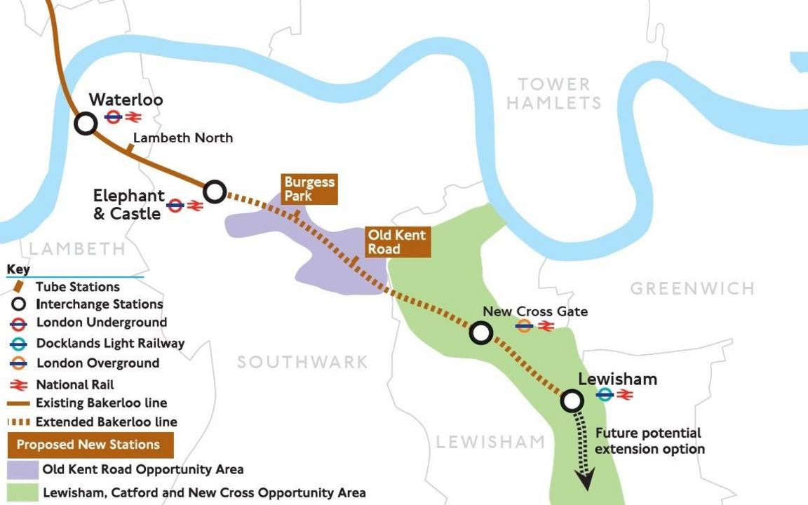 A map of the south east bakerloo line from Waterloo to Elephant and Castle with four added tube stops stopping at Lewisham. 