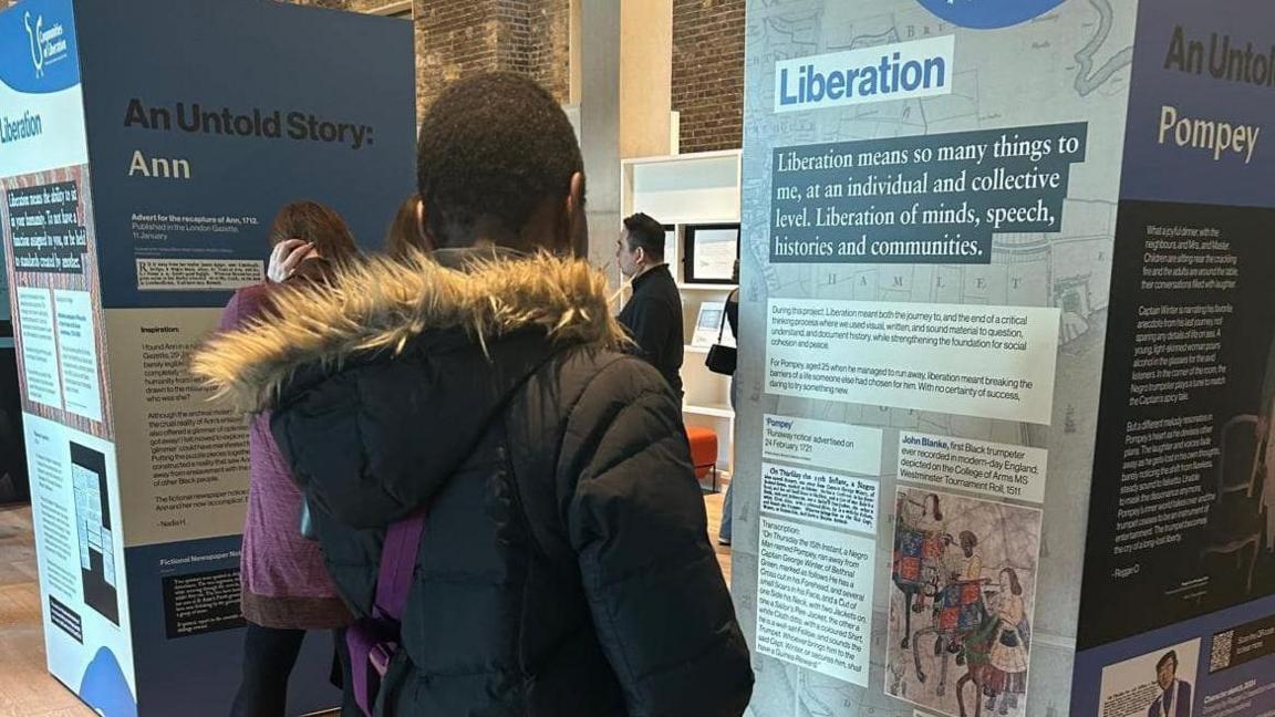 A person with their back to the camera looks at a board on liberation at the exhibition. 