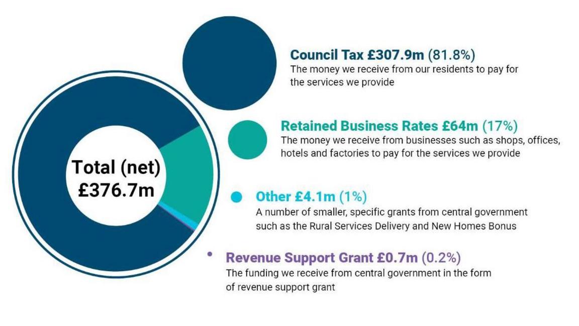 A graphic showing the sources of Dorset Council's £376.7m budget. Council tax is 81.8%, business rates are 17%, revenue support grant is 0.2%, and 1% is listed as other