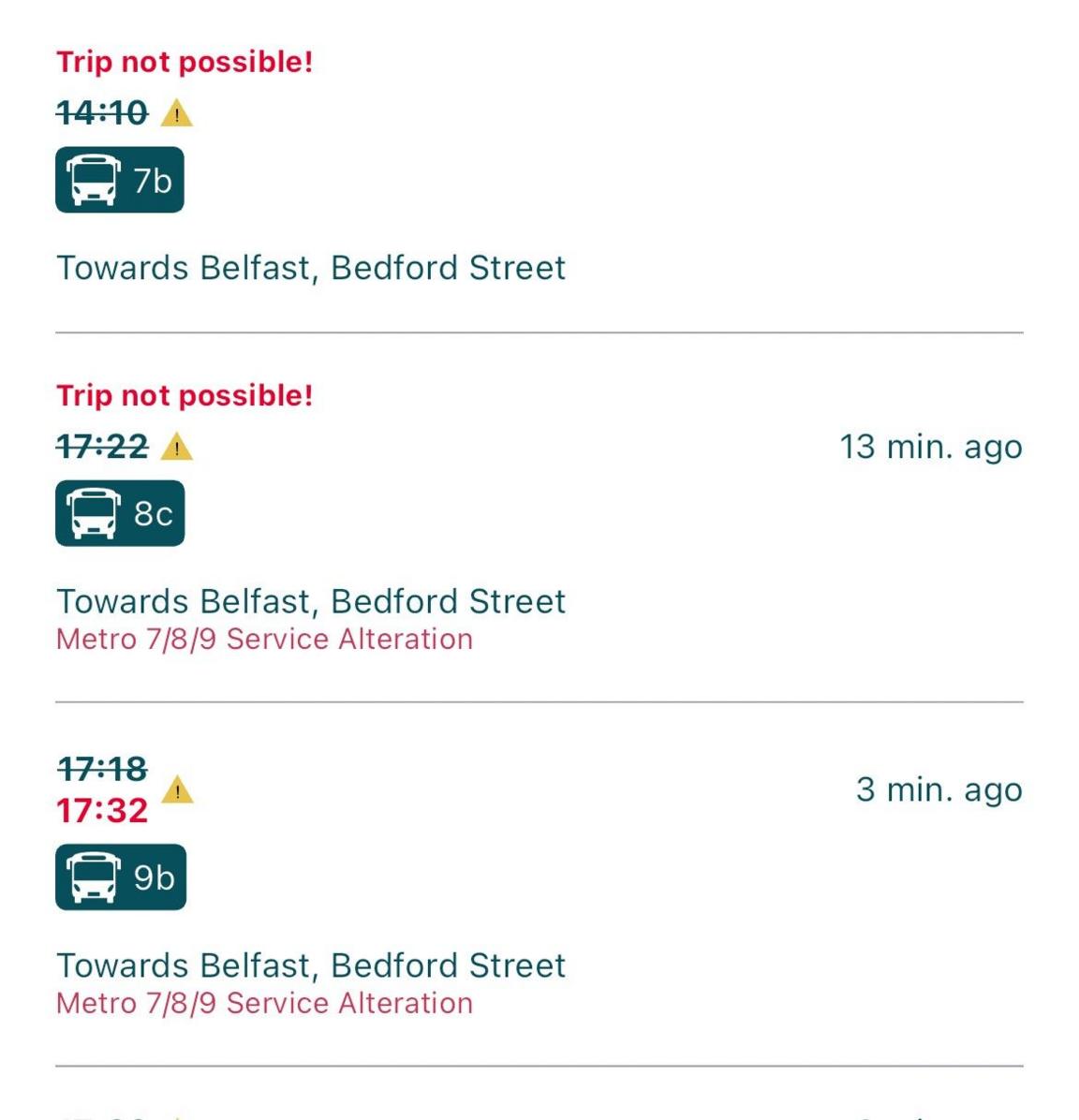 Screengrab from Translink app showing disruption and "trip not possible" warnings