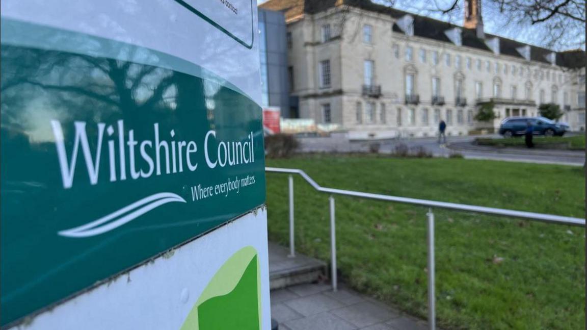 Wiltshire Council sign in front of the Trowbridge HQ