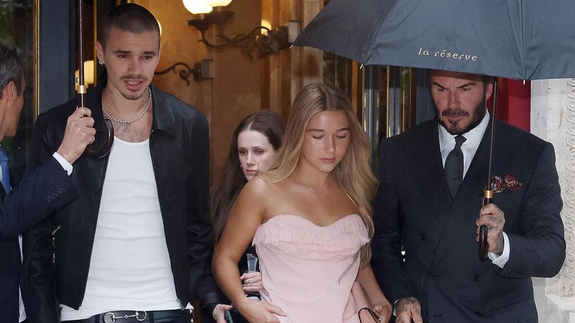 David Beckham, Romeo Beckham and Harper Beckham leaving their hotel ahead of the Victoria Beckham Fashion show during the Womenswear Spring Summer 2026 as part of Paris Fashion Week on October 03, 2025 in Paris, France.
