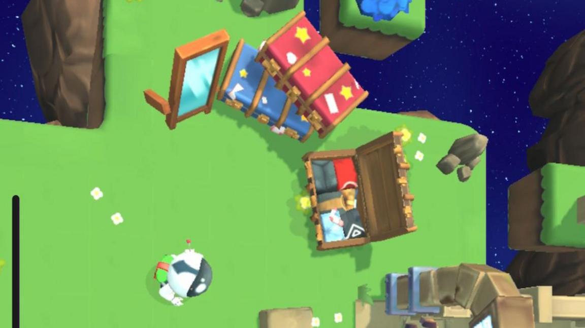 A video game screen which has a spaceman on it completing tasks such as getting treasure from a trunk