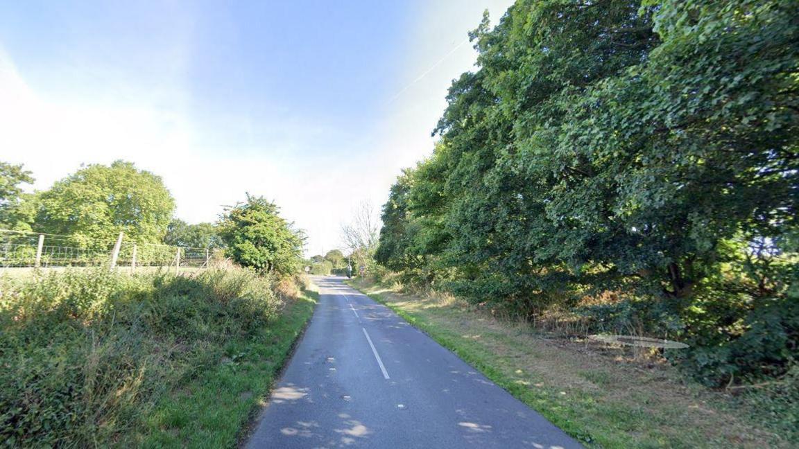 A Google street view of a narrow but two-sided road with trees and grass each side. No cars can be seen in the image.