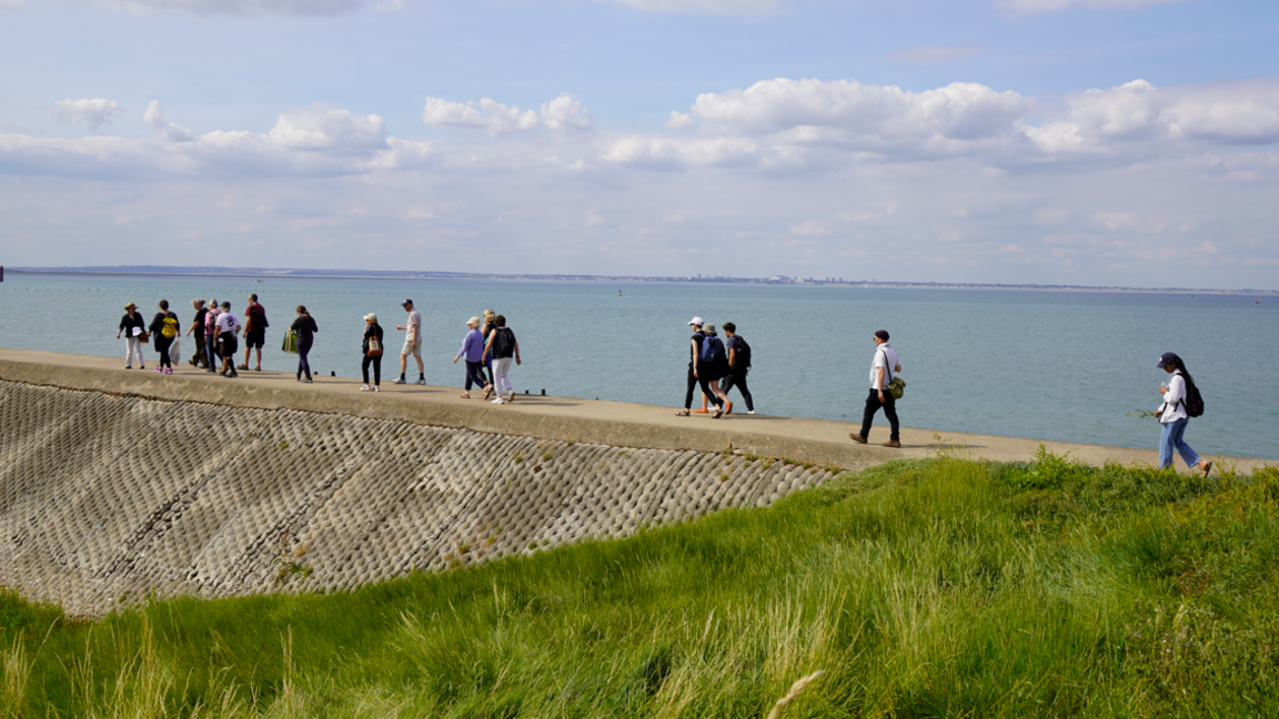 A group of people walking along a wall with a body of water in the background.