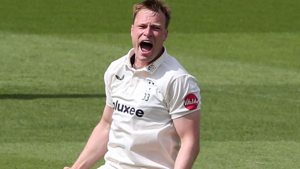 Worcestershire's Matthew Waite celebrates a wicket