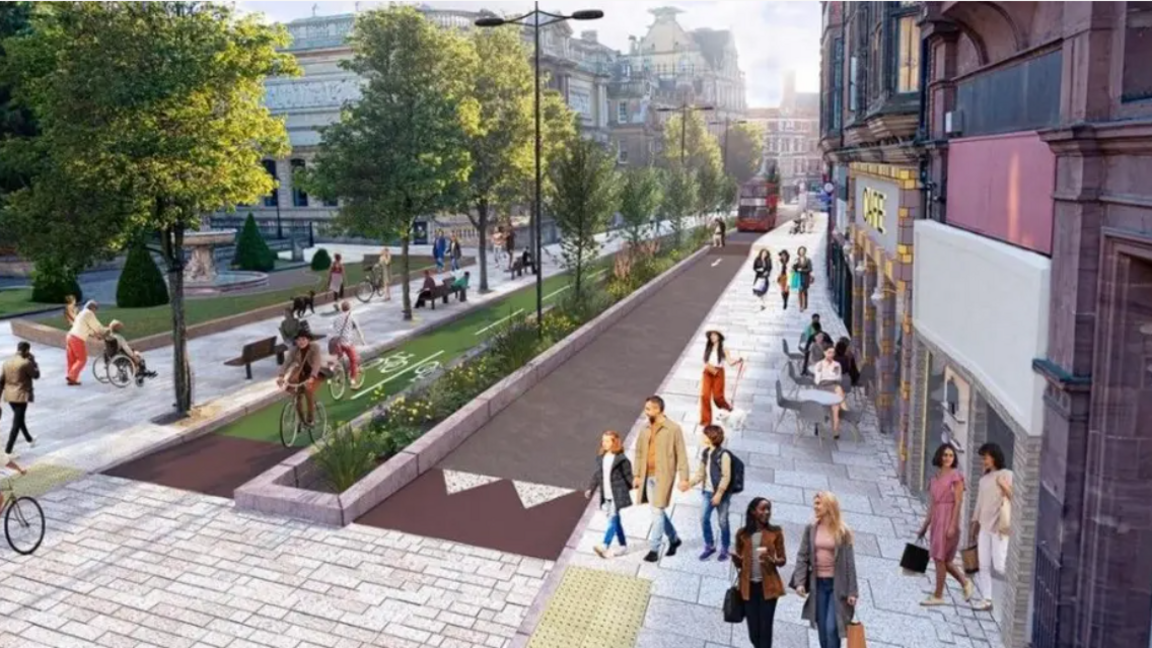 An artist's impression showing a pedestrianised street with a bicycle lane in the middle. There are trees lining the street and shops on the right hand side
