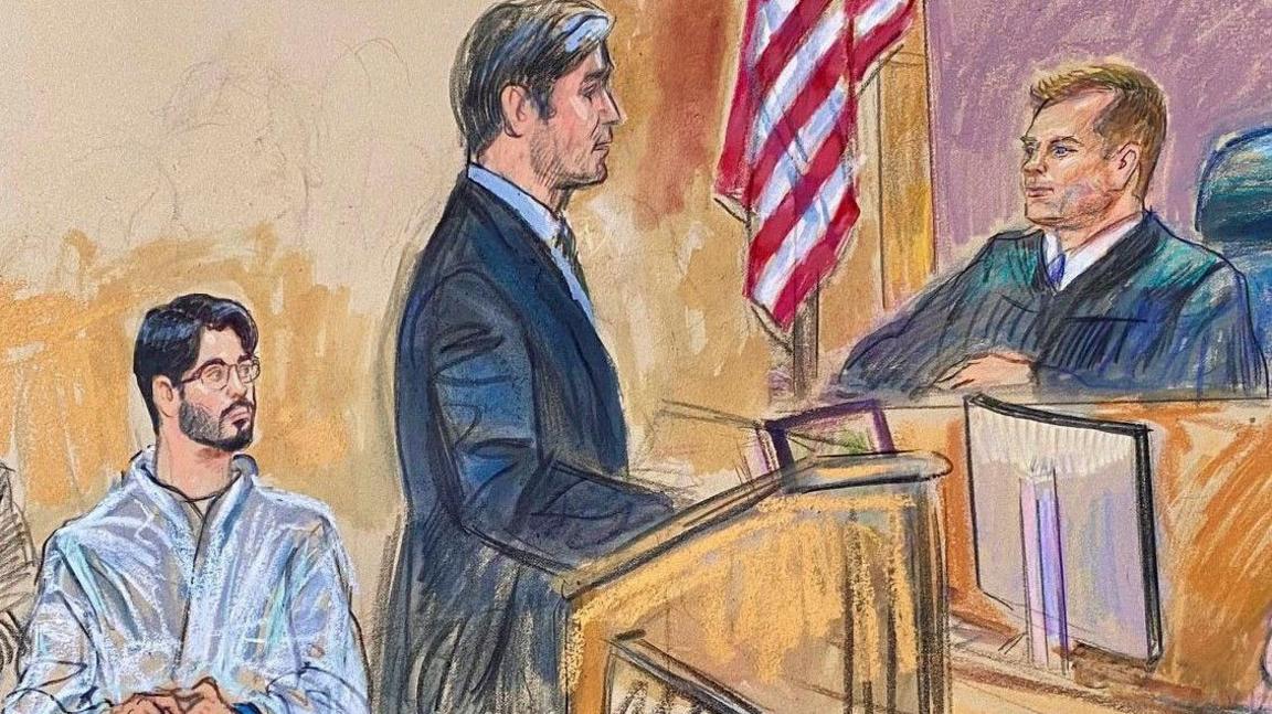 In a courtroom sketch, shooting suspect Elias Rodriguez, 31, charged with two counts of first-degree murder in the shooting near the Capital Jewish Museum