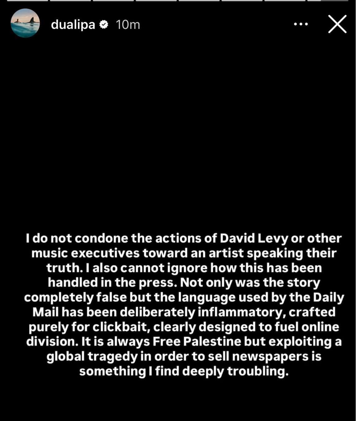 A screenshot of Dua Lipa's statement