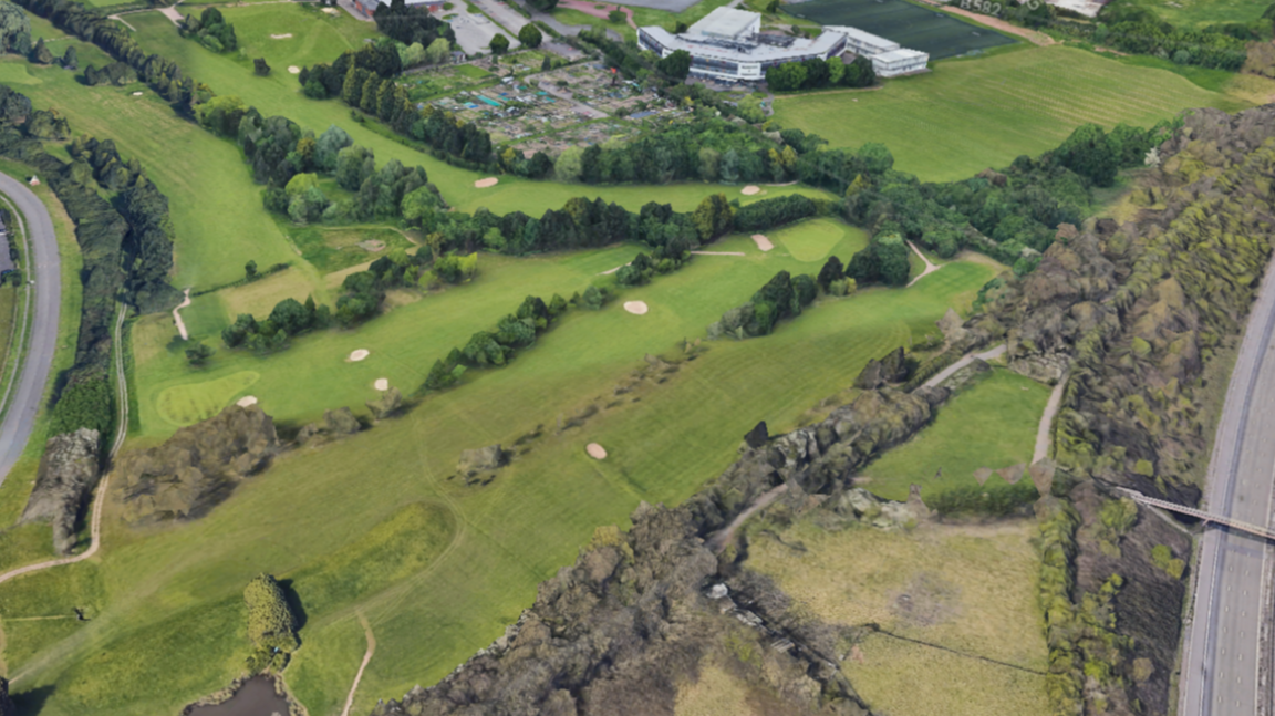 An aerial shot of a golf course 