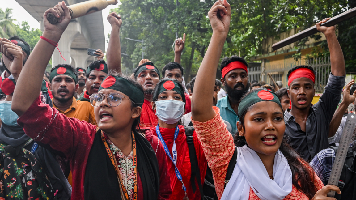 Protesters are blocking the Shahbagh intersection during a protest in Dhaka, Bangladesh, on August 4, 2024, to demand justice for the victims arrested and killed in the recent nationwide violence during anti-quota protests