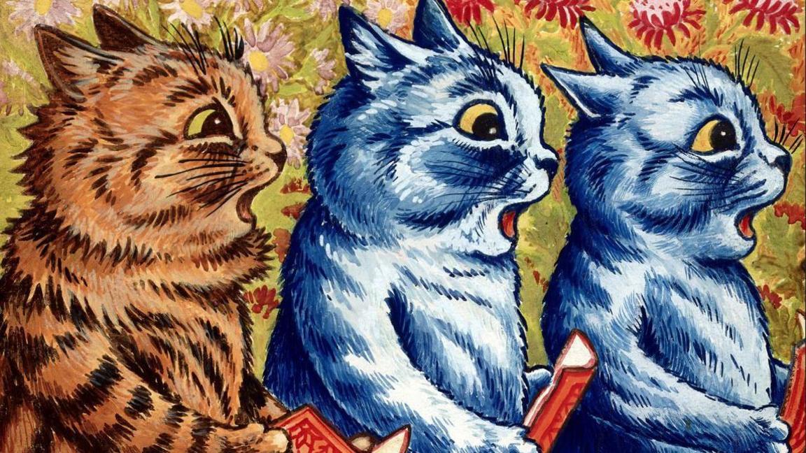 Three cats singing. Gouache by Louis Wain, 1925. A marmalade cat and two blue cats, half-length, stand holding orange-covered song- or hymn-books; in the background, flowers, equally lurid in tone.