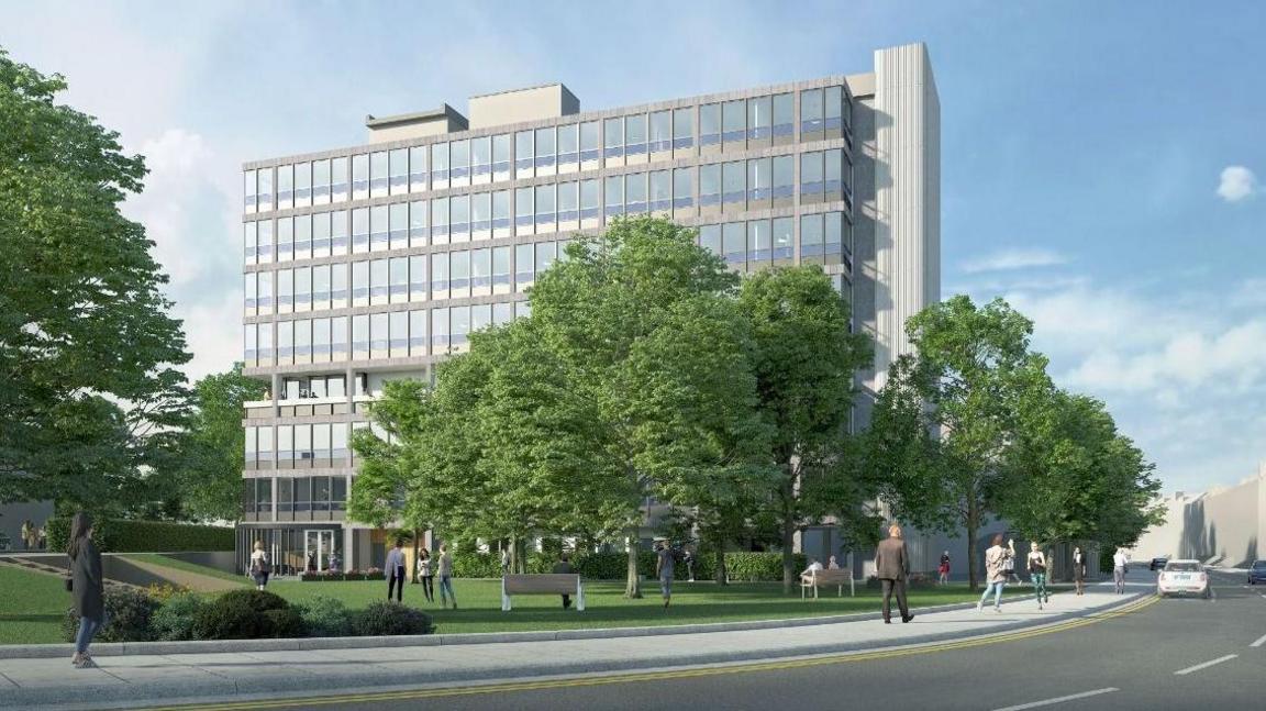 A computer-generated image of the  building with a new entrance on the ground floor and stairwell block on one side with green trees in full leaf and an area of grass with a bench outside