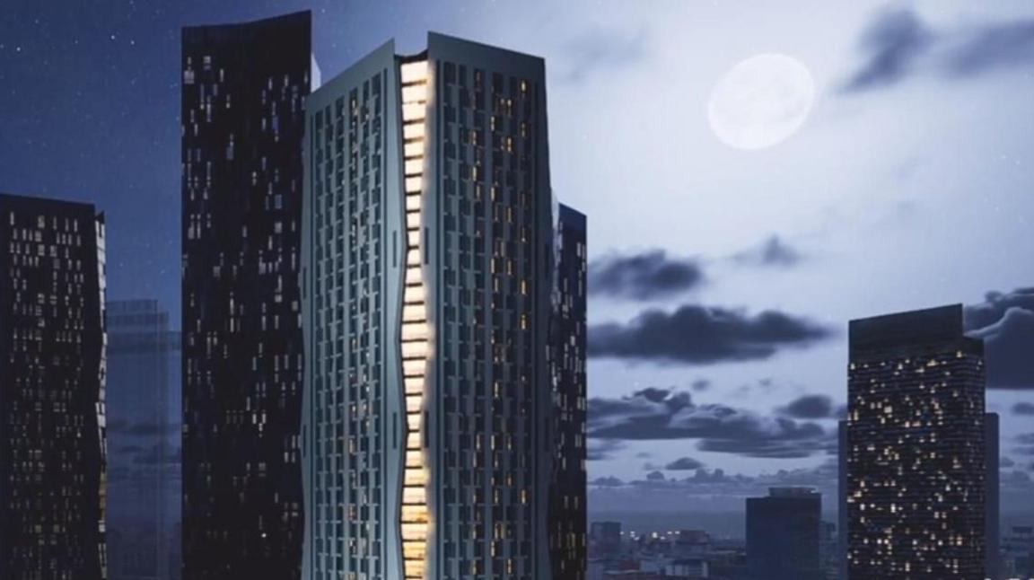 An artists' impression of Contour, seen from Mancunian Way in the night sky 