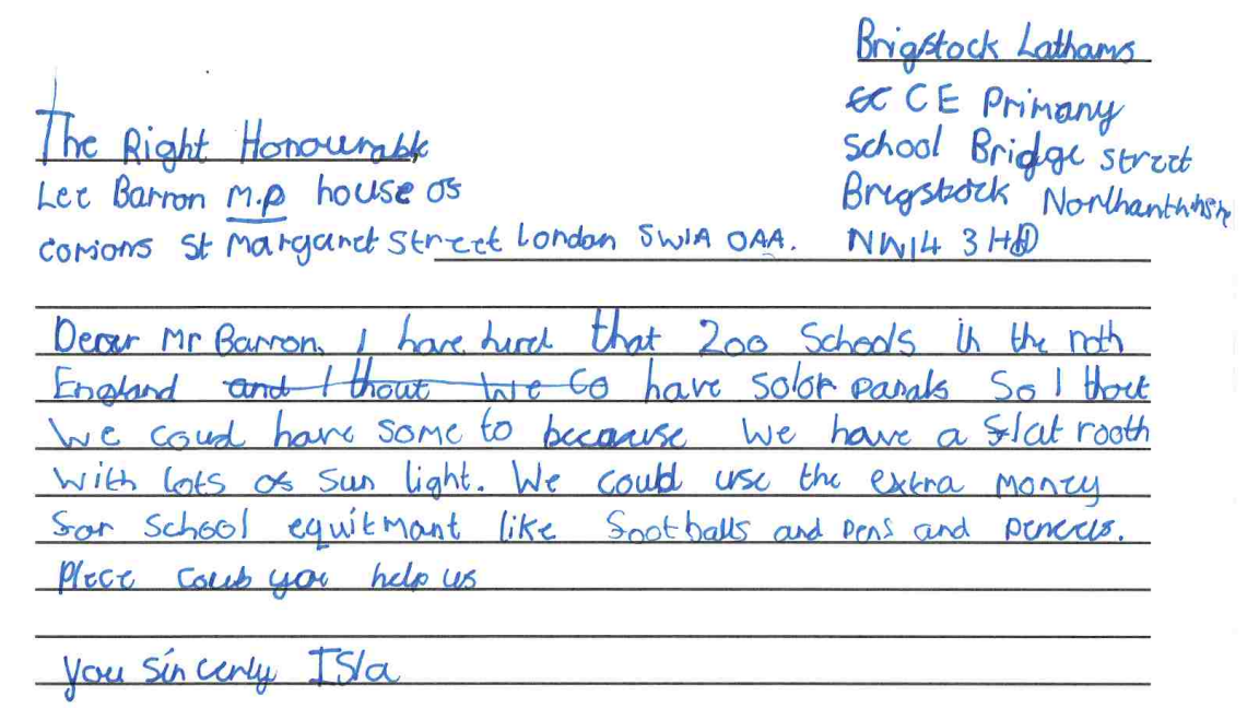 A photocopy of a Year 5 student's letter to Lee Barron.
