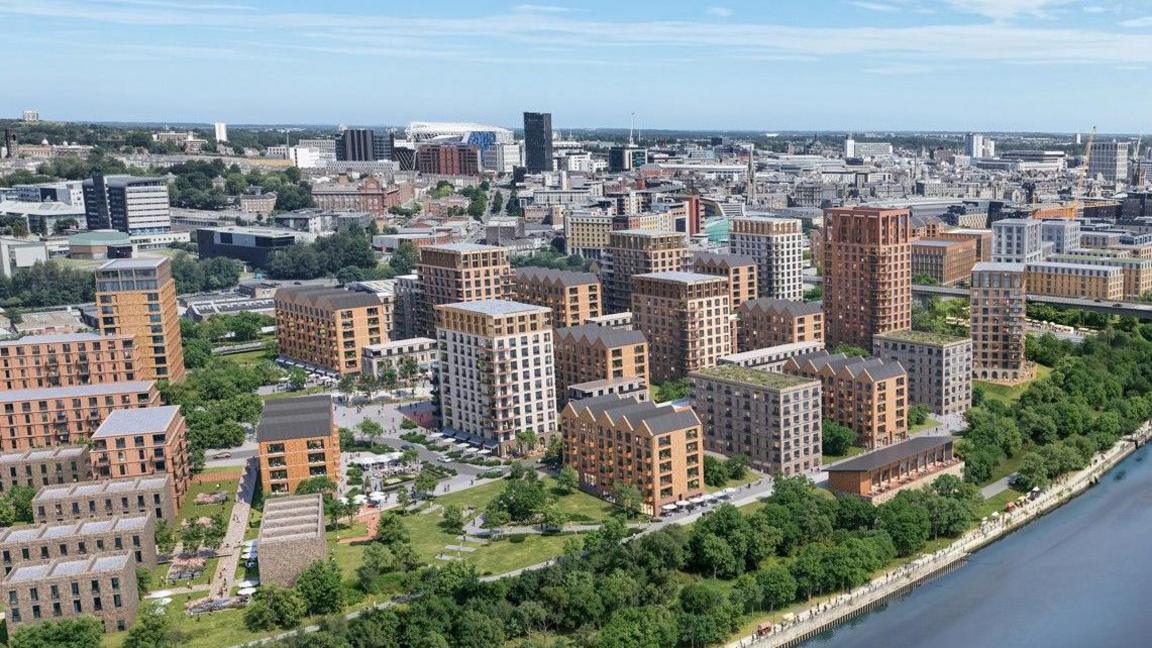 Artist's impression showing several multi-storey blocks of flats, of different heights and appearances, alongside landscaped areas. The River Tyne runs to the right of the development.