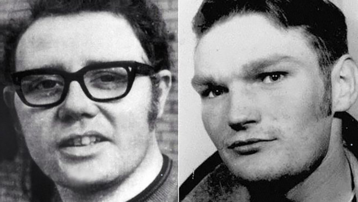 Shows two black and white photos - the man on the left is wearing dark-rimmed glasses