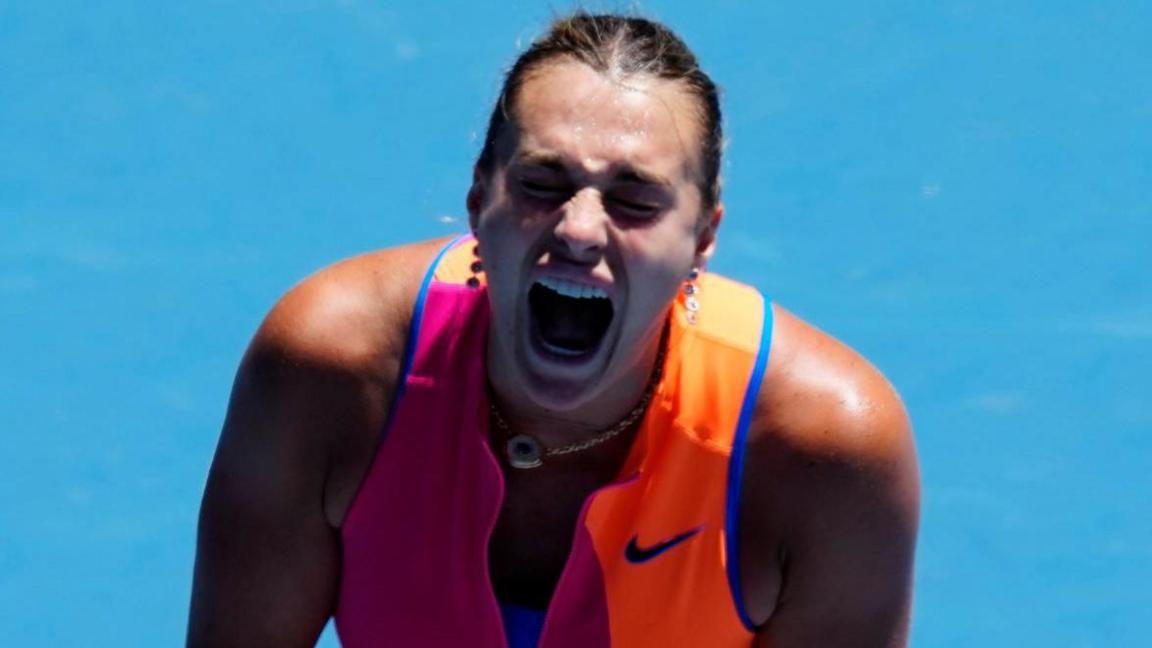 Aryna Sabalenka reacts to a point during her Australian Open fourth round match