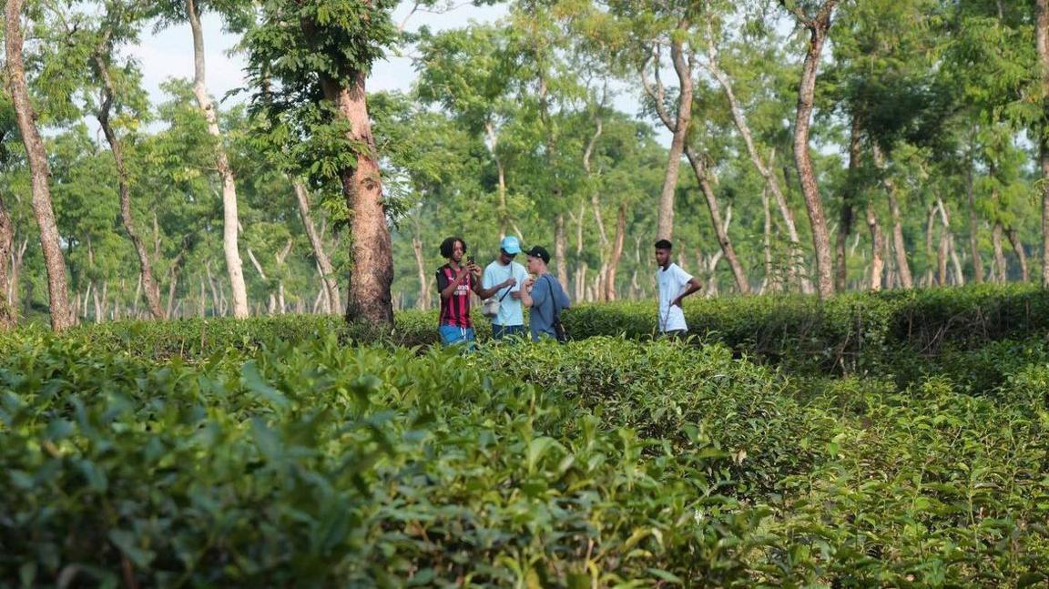 Zak Hajjaj, Abu Finiin, and Kayum Miah with a friend in rural Bangladesh surrounded by trees and greenery