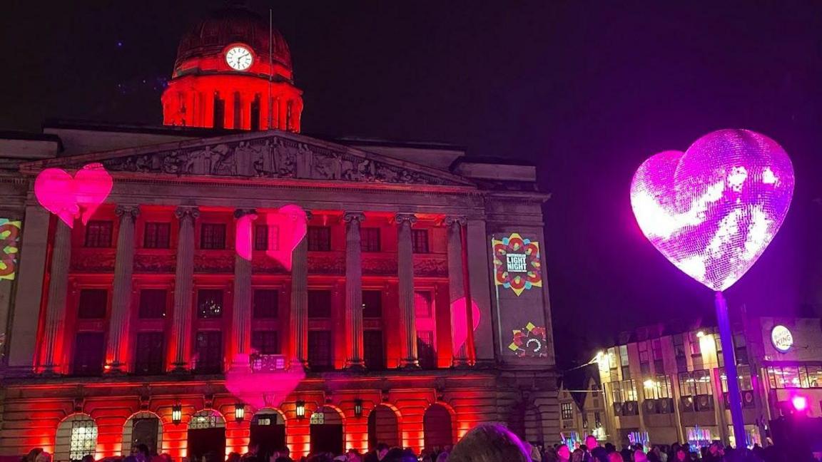 Nottingham's Council House lit up with hearts