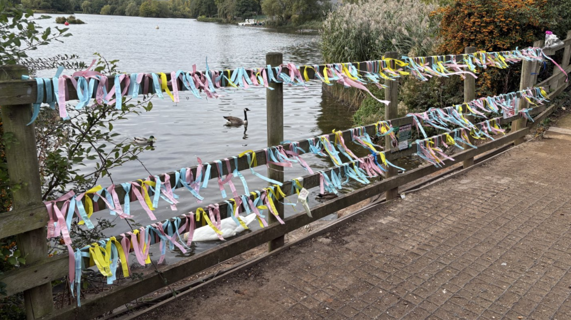 A wooden gate next to a lake is covered in small pink, blue and yellow ribbons.