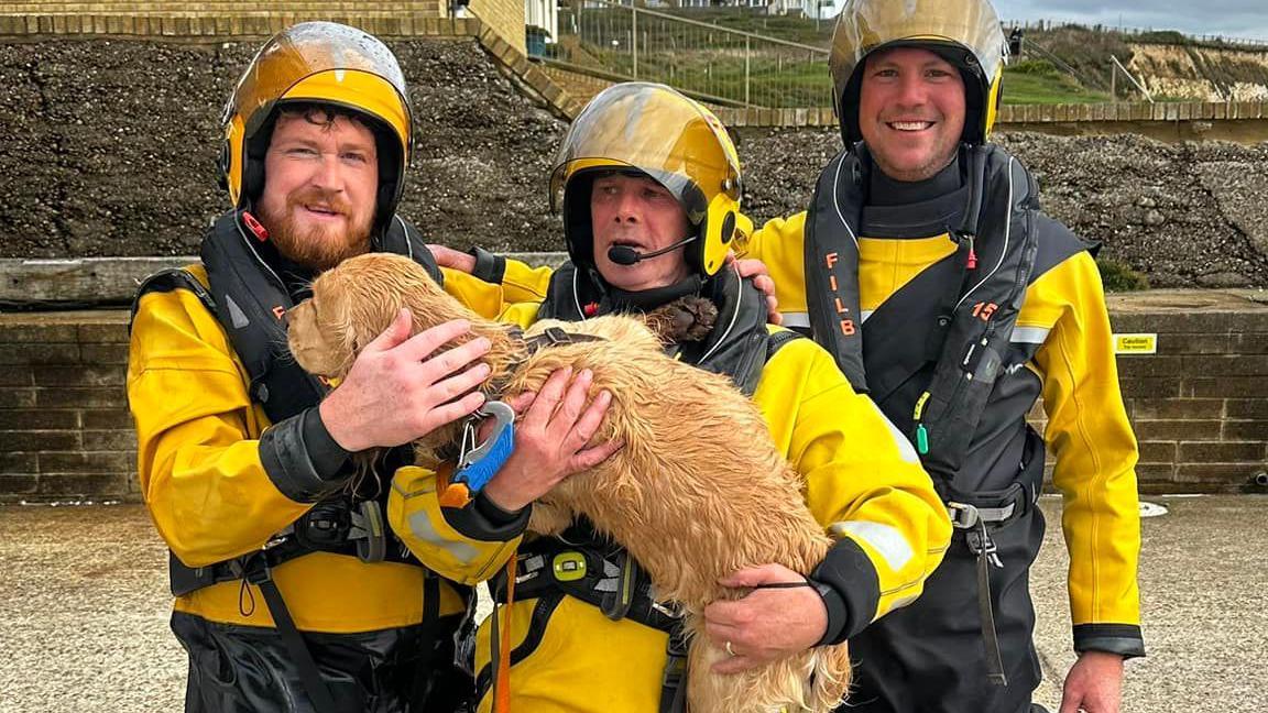 Three male lifeboat crew members stand, wearing yellow and black waterproof gear and yellow helmets with the eye shields lifted up. The man in the middle if holding Ted the dog - a medium sized dog with a golden long haired coat, his fur is wet and he is trying to hug the lifeboat crew member on the left