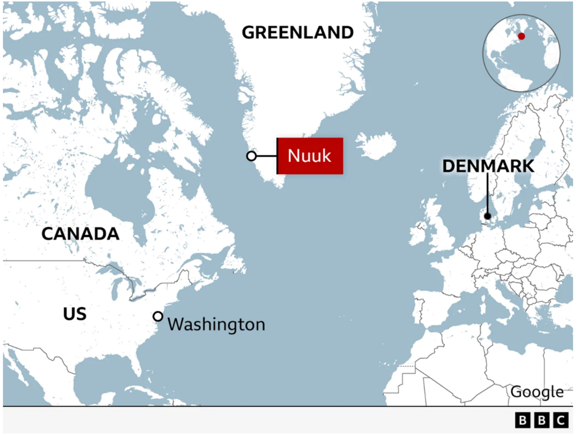 Një hartë që përshkruan vendndodhjen e kryeqytetit të Groenlandës, Nuuk, Uashingtonit dhe Danimarkës.