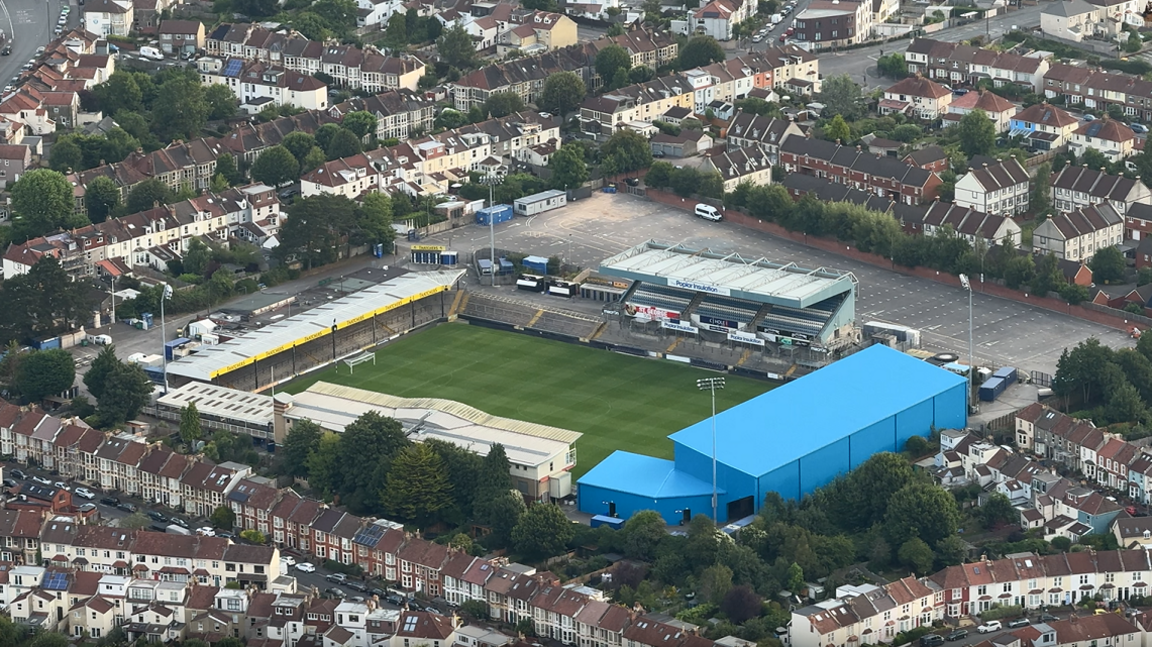 An aerial shot of the Memorial Stadium, home of Bristol Rovers, seen from a hot air balloon